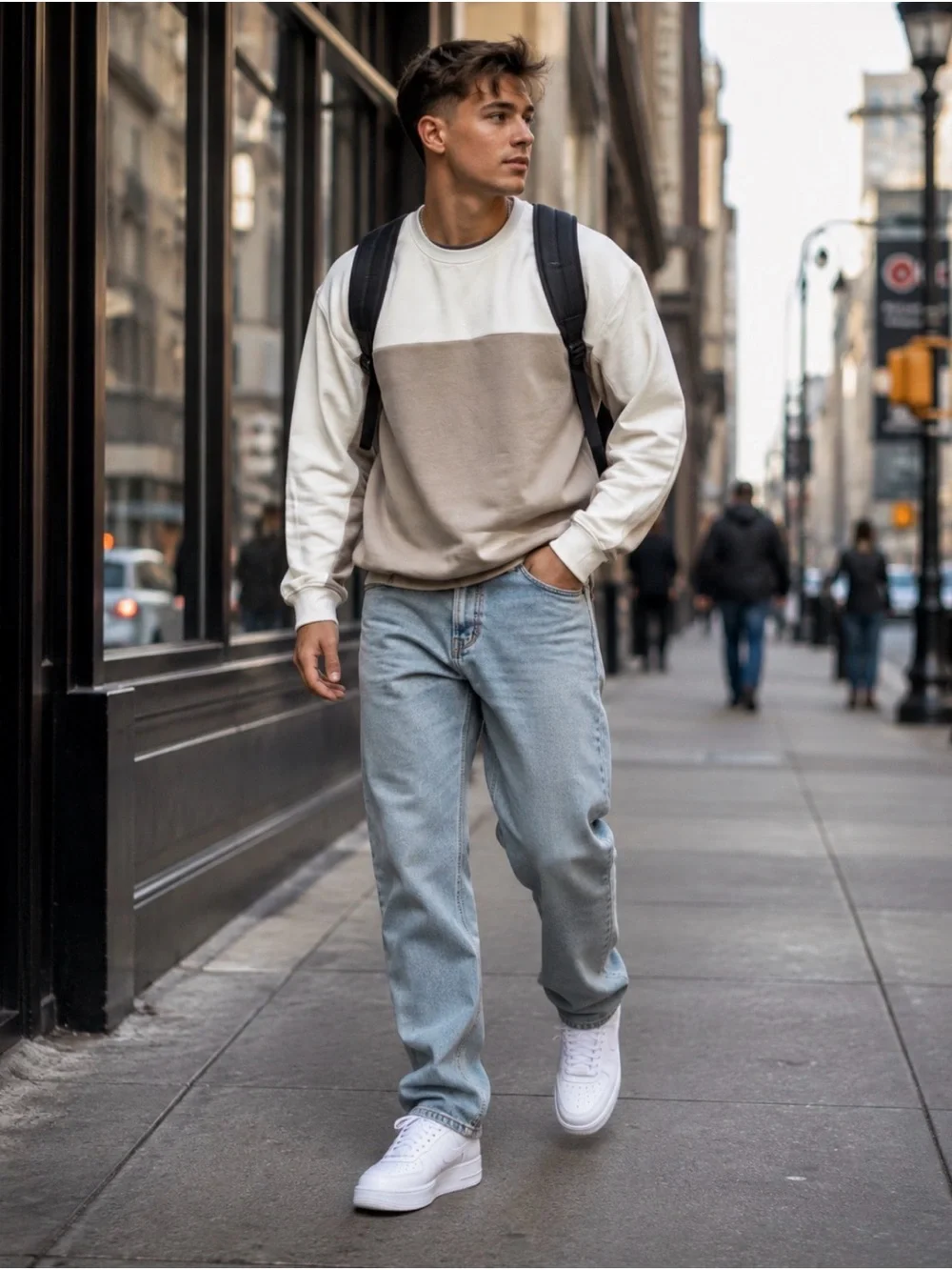 Denim & Flower Two-Tone Crewneck Sweater in Cream and Tan